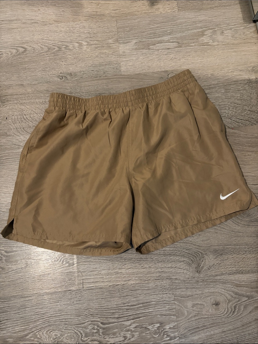 Nike Men’s Tan Swim Shorts with White Swoosh